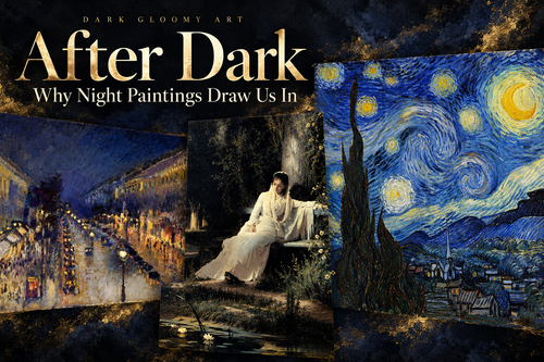 After Dark editorial collage of night paintings by Camille Pissarro, Ivan Kramskoi and Vincent van Gogh.