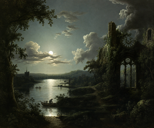Moonlit Scene of Gothic Church Ruins by Sebastian Pether, showing a full moon reflected across a river beside a ruined Gothic window