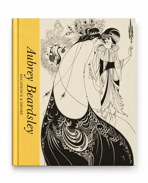 Front cover featuring an elegant black-and-white figure illustration — Aubrey Beardsley: Decadence & Desire.