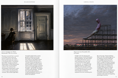Interior spread pairing a dim interior scene with a moonlit outdoor setting — The Art of the Unknown: A Visual Treasury of the Esoteric, Uncanny and Unexplained.