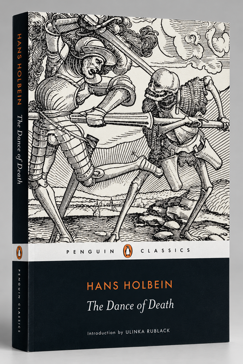 Front cover with a skeletal figure in a Renaissance woodcut — The Dance of Death.