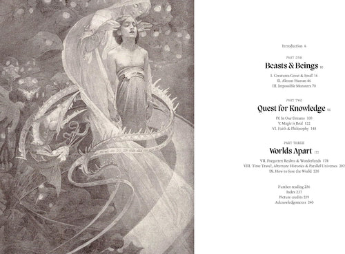 Interior spread with a monochrome fairy illustration — The Art of Fantasy: A Visual Sourcebook of All That Is Unreal.