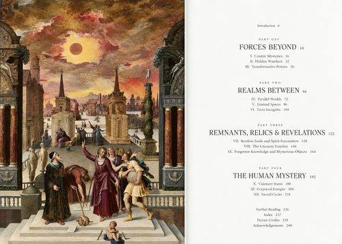 Interior spread with a historical scene beneath a dramatic sun — The Art of the Unknown: A Visual Treasury of the Esoteric, Uncanny and Unexplained.