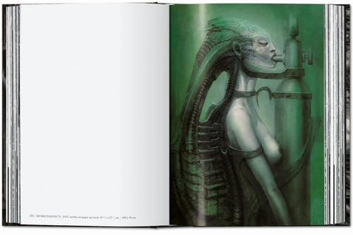 Interior spread with a green-toned biomechanical figure — HR Giger – 45th Edition.