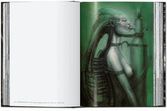Interior spread with a green-toned biomechanical figure — HR Giger – 45th Edition.