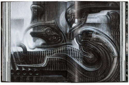 Double-page close-up of a sculpted biomechanical creature — HR Giger – 45th Edition.