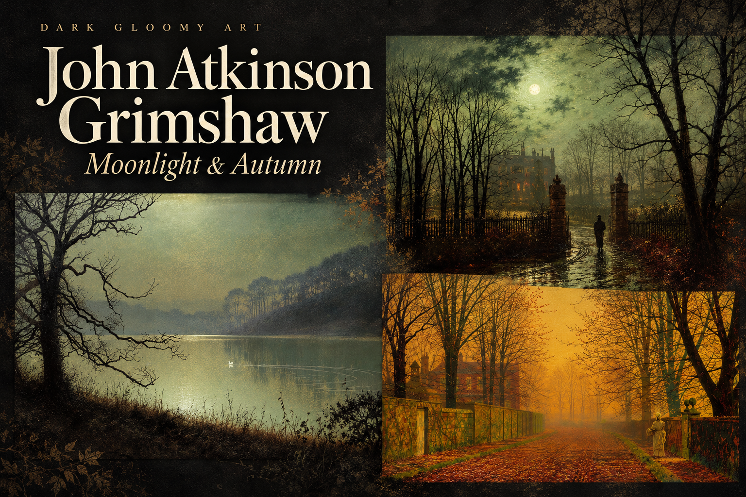 John Atkinson Grimshaw editorial collage featuring Lakeside at Moonlight, Evening Glow and At The Park Gate.