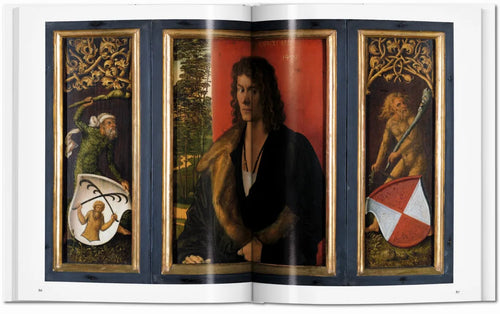 Double-page reproduction of a painted altarpiece with a central portrait — Dürer.
