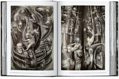 Double-page images of intricate biomechanical forms — HR Giger – 45th Edition.