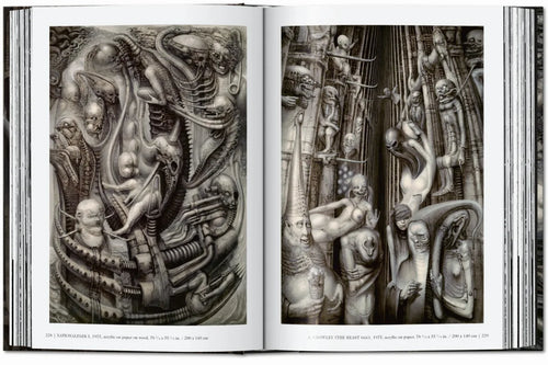 Double-page images of intricate biomechanical forms — HR Giger – 45th Edition.