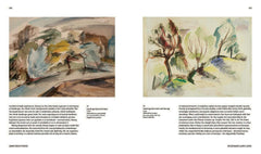 Interior spread pairing two paintings of expressive organic forms — Surrealism of Angst: Emmy Bridgwater.