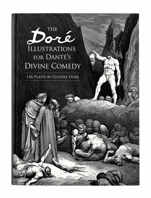 Front cover with a black-and-white illustration of figures in a rocky landscape — Doré’s Illustrations for Dante’s Divine Comedy.