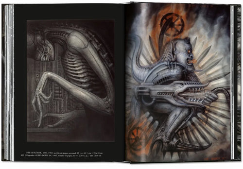 Interior spread of dark, skeletal and mechanical figure compositions — HR Giger – 45th Edition.