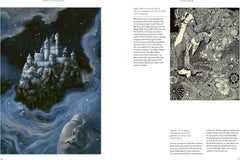Interior spread with a moonlit castle and intricate fantastical figures — The Art of Fantasy: A Visual Sourcebook of All That Is Unreal.