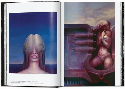 Interior spread of biomorphic figures in blue and red — HR Giger – 45th Edition.